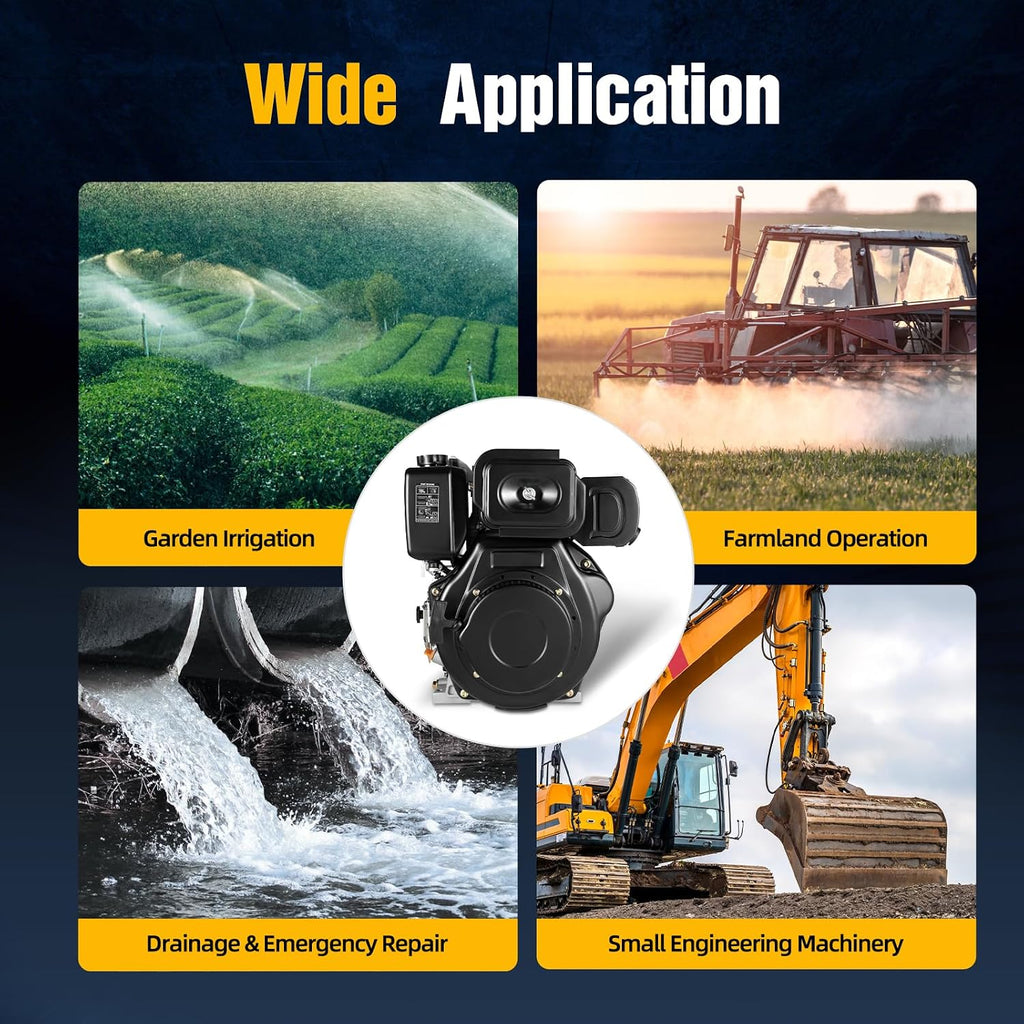 Diesel Engine, 4-Stroke 10hp 418cc Diesel Motor, 6.3kw 3600rpm Vertical Horizontal Shaft Diesel Tiller Motor, w/Recoil Manual Start&Air-Cooled, for Micro-tillers, Drainage, Irrigator, 186FA, Black