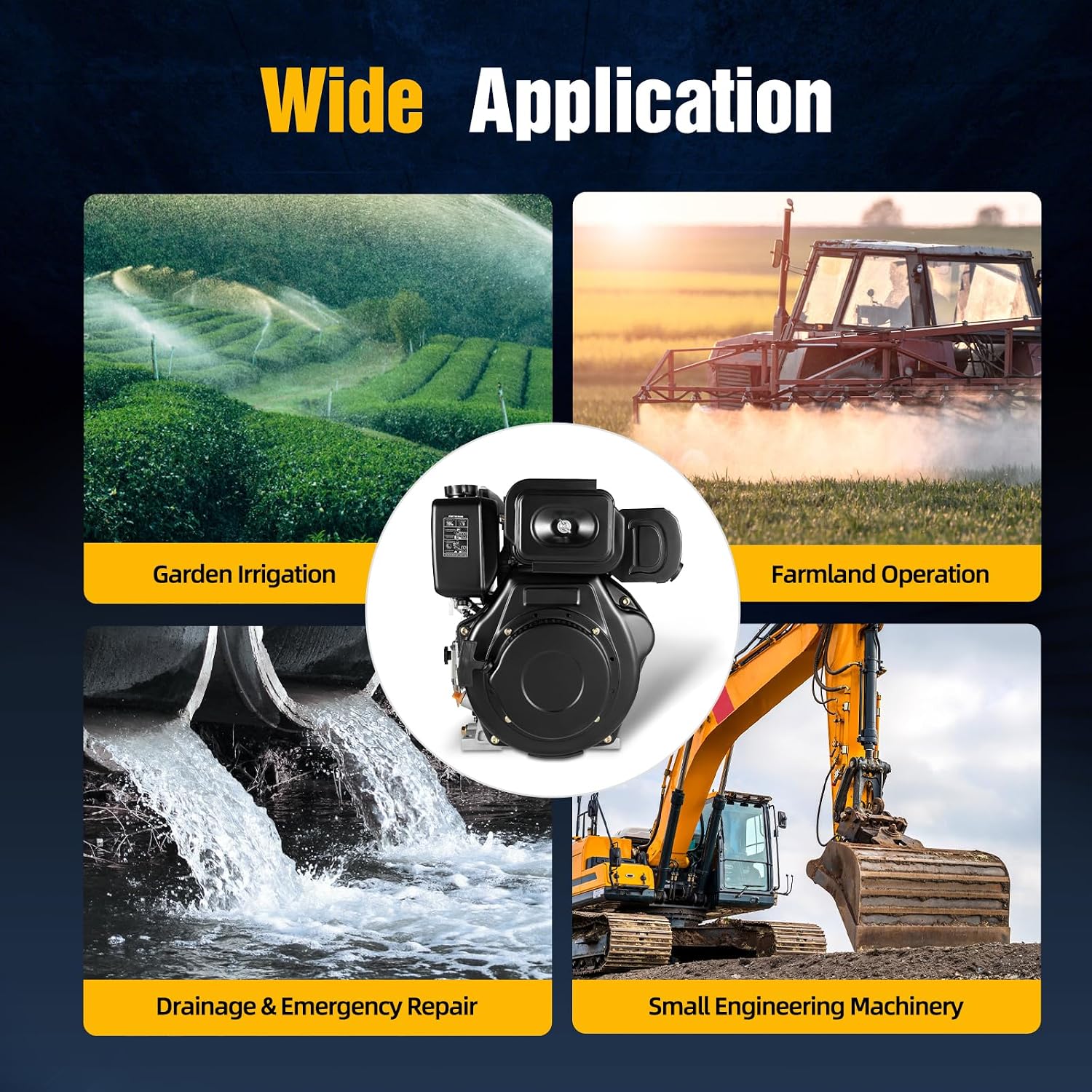 Diesel Engine, 4-Stroke 10hp 418cc Diesel Motor, 6.3kw 3600rpm Vertical Horizontal Shaft Diesel Tiller Motor, w/Recoil Manual Start&Air-Cooled, for Micro-tillers, Drainage, Irrigator, 186FA, Black