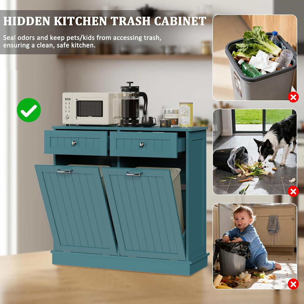 KIGOTY Double Tilt Out Trash Can Cabinet, 20 Gallon Hidden Trash Storage Cabinet with 2 Hideaway Drawers, Freestanding Trash Can for Kitchen, Wooden Laundry Hamper Cabinet, Pet Proof (Lake Blue)