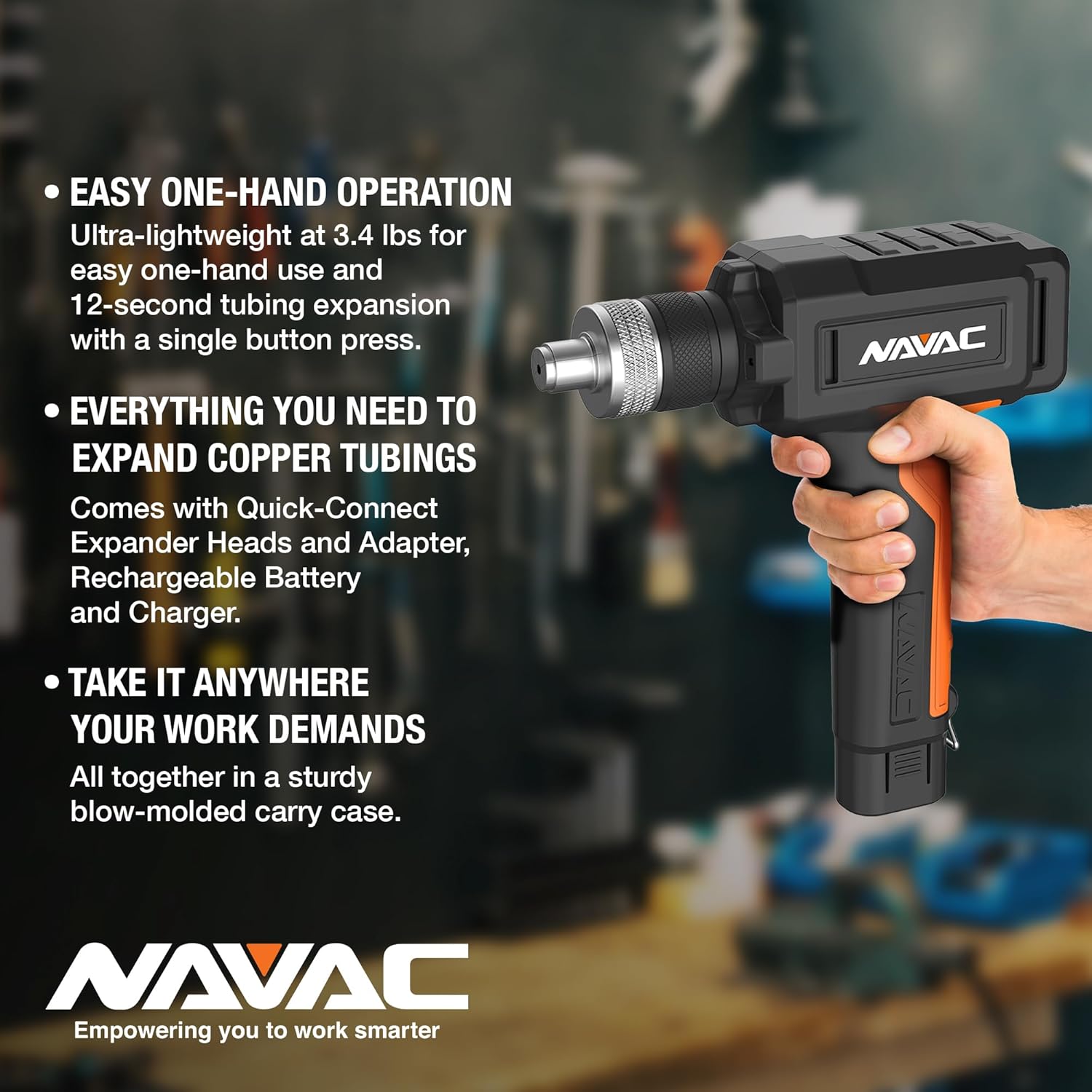 NAVAC NTE11L Power Tubing Expander - Soft or Annealed Copper Swaging Tool - Battery-Operated - One-Button Operation - Quick Connect Expander Heads