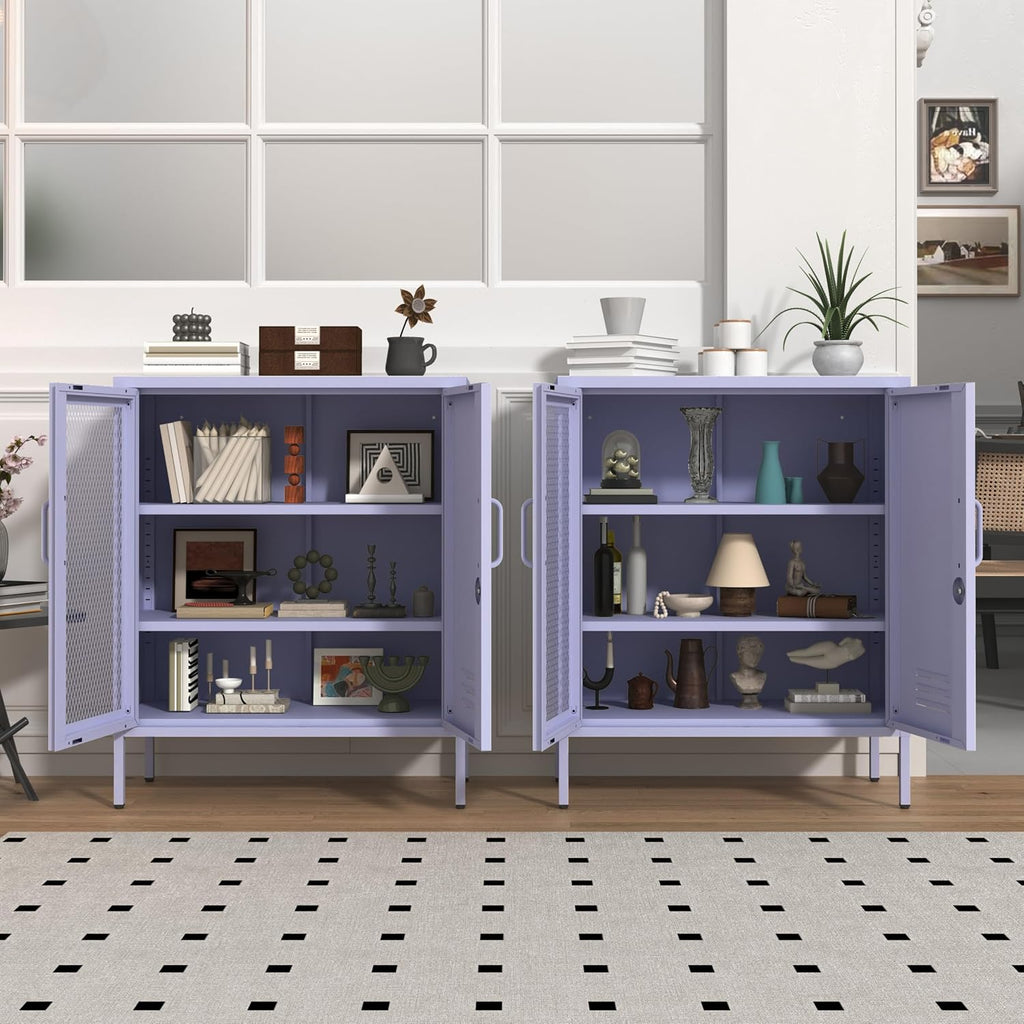 Purple Metal Storage Cabinet with Lock 3-Tier Freestanding Locker Organizer with Mesh Ventilated Door Multipurpose Accent Cabinet Locker Adjustable legs For Hallway, Living Room, Entryway, Home Office