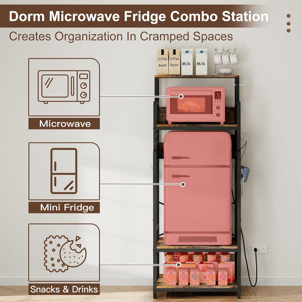 Mini Fridge Stand Microwave Combo Cabinet Station With Small Refrigerator Insert Storage Space, Shelf Organizer Unit For Dorm Room Coffee Bar To Sit, Big Table With Power Outlet To Go Over Fridge
