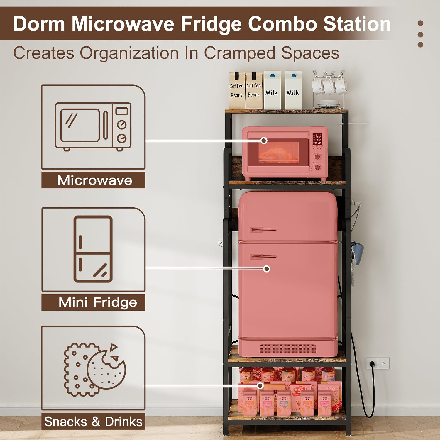 Mini Fridge Stand Microwave Combo Cabinet Station With Small Refrigerator Insert Storage Space, Shelf Organizer Unit For Dorm Room Coffee Bar To Sit, Big Table With Power Outlet To Go Over Fridge