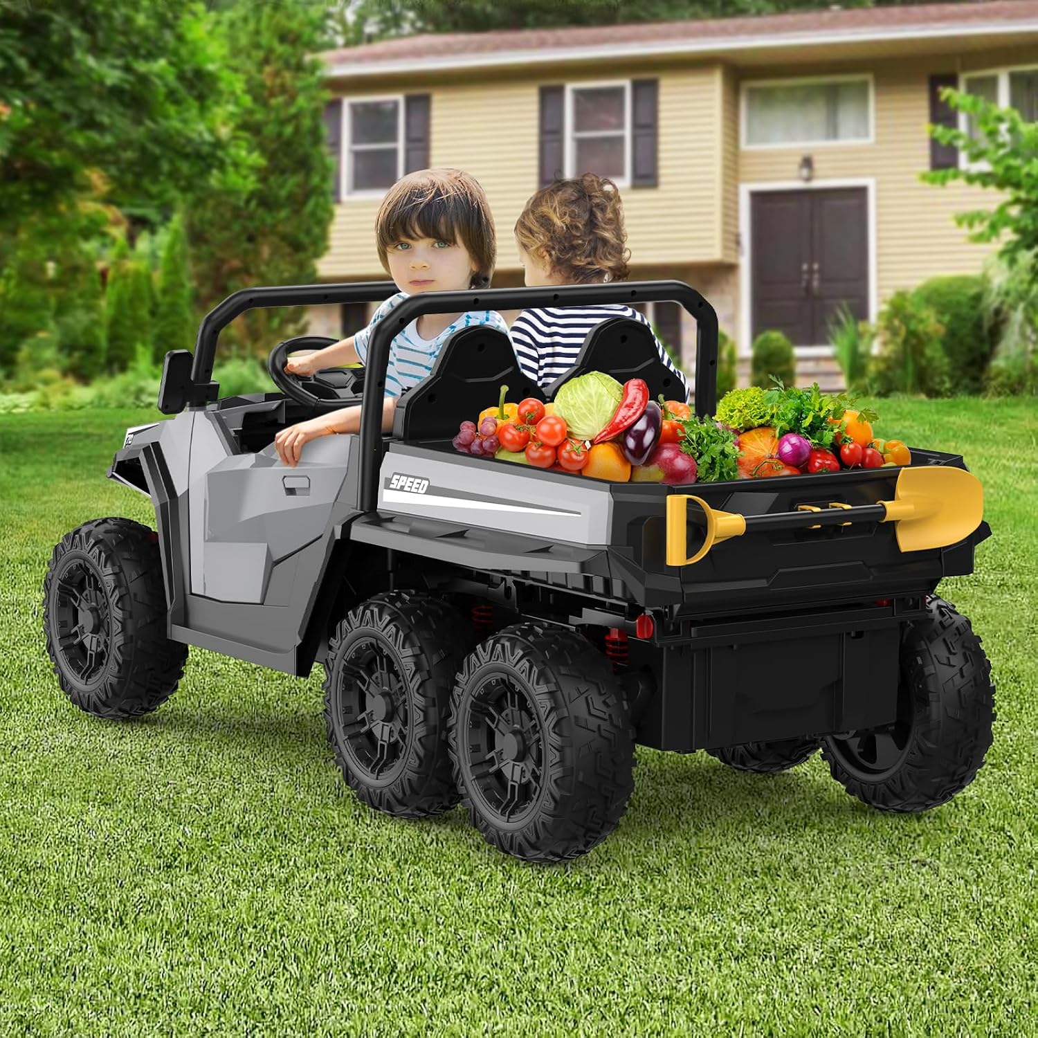 Garvee 24V 4WD Electric Ride On Dump Truck with Remote Control | 2-Seater Kids Ride On Car | Music Player & LED Lights | Birthday Gift for Ages 3+ (Key Start Safety System)
