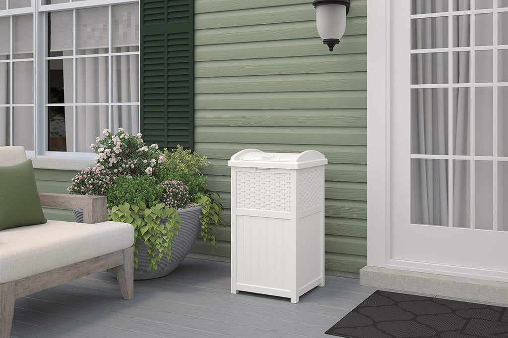 Suncast 99 Gal Resin Wicker Patio Storage Box - Water Resistant Outdoor Storage Container White & 33 Gal Hideaway Trash Can for Patio - Resin Outdoor Trash with Lid