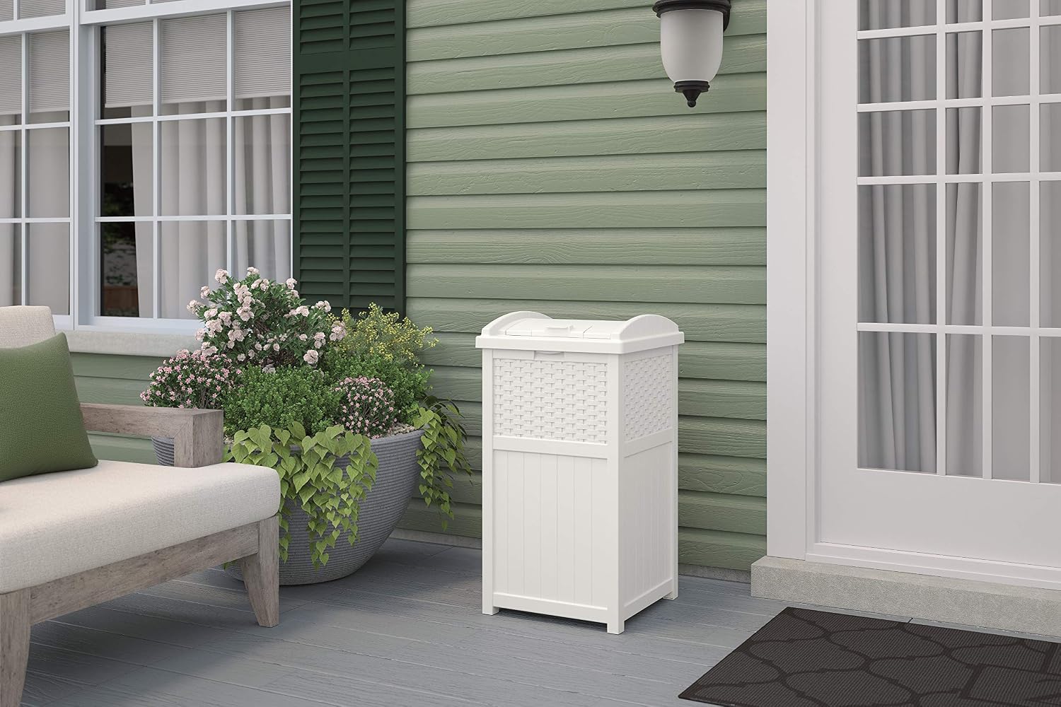 Suncast 99 Gal Resin Wicker Patio Storage Box - Water Resistant Outdoor Storage Container White & 33 Gal Hideaway Trash Can for Patio - Resin Outdoor Trash with Lid