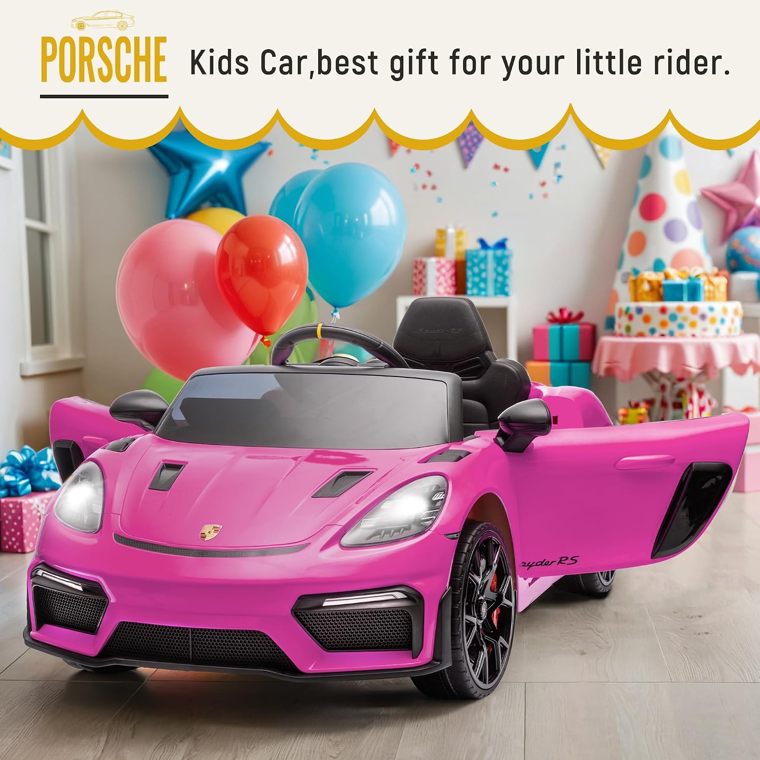Licensed Porsche 718 12v Kids Electric Ride On Car with Parent Remote Control,Adjustable 2-5 Mph,LED Front&Tail Lights,Bluetooth Music Player,Soft Slow Start,Spring Suspension (Pink)