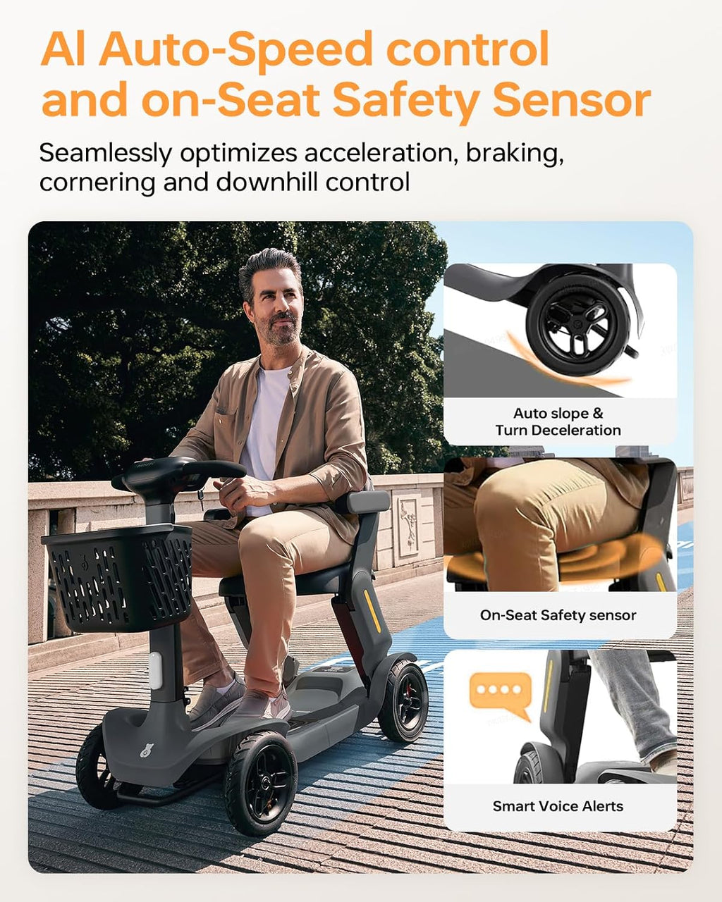 Paiseec S3 Mobility Scooter for Seniors, 25 Miles Long Lasting Mobility Scooter Foldable, Lightweight Travel Scooter for Seniors, 300 lbs Capacity, AI Speed Control, 250W Motor (Grey-25miles)