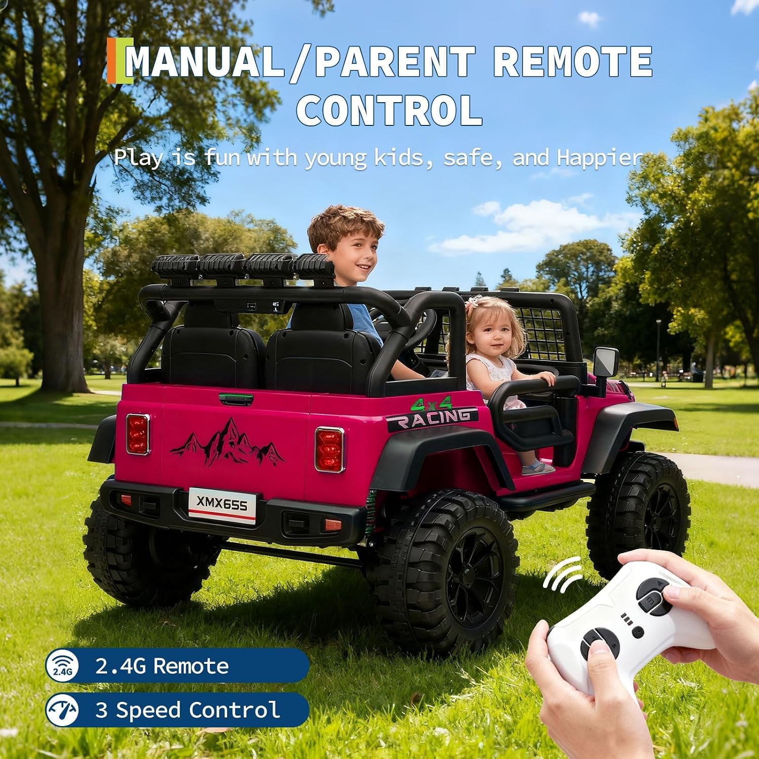 24V Ride on Car for Kids, 2 Seater Electric Truck with Parent Remote Control, Spring Suspension, 2 Speeds, LED Headlight & Music Player, Kids Electric Vehicle for Aged 3-8 Years, Pink