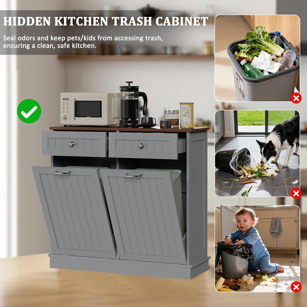 KIGOTY Double Tilt Out Trash Can Cabinet, 20 Gallon Hidden Trash Storage Cabinet with 2 Hideaway Drawers, Freestanding Trash Can for Kitchen, Wooden Laundry Hamper Cabinet, Pet Proof (Grey)