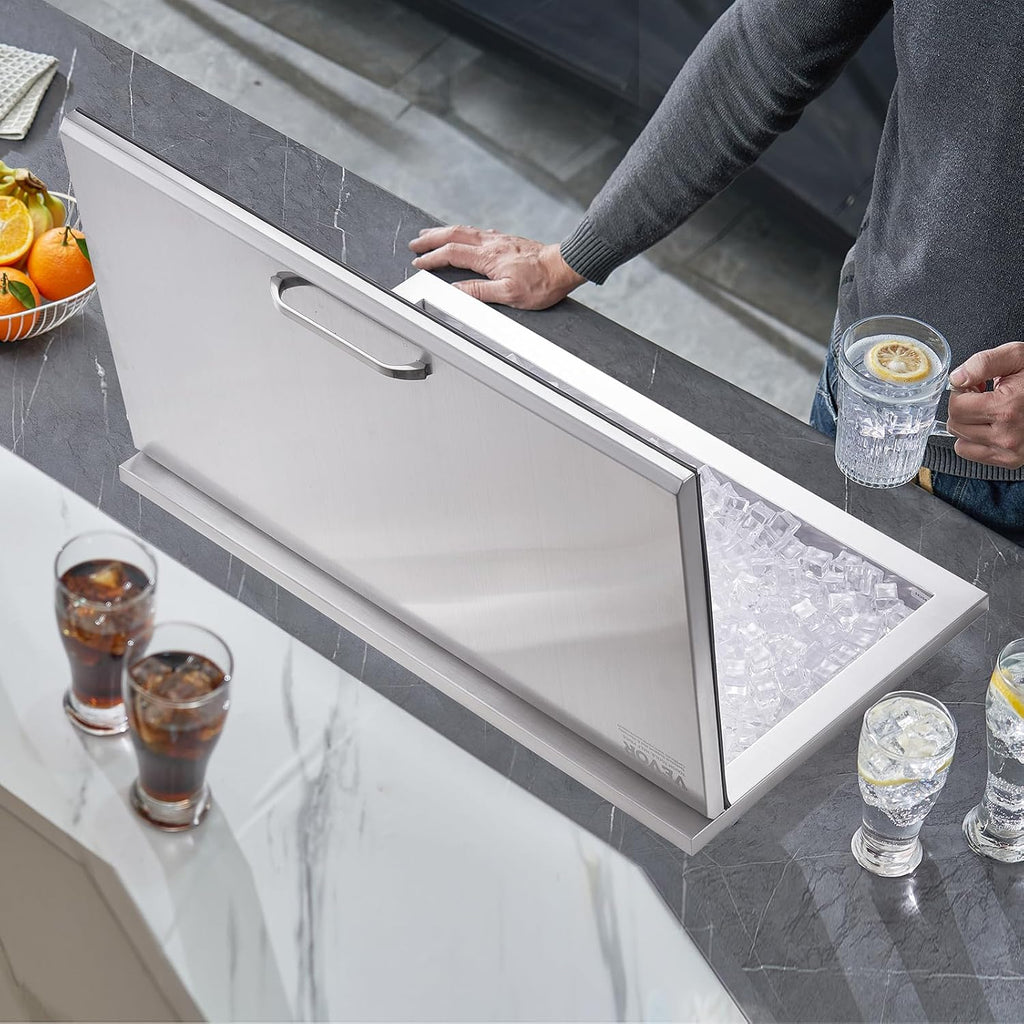 VEVOR Drop in Ice Chest, 24' L x 20' W x 15' H Stainless Steel Ice Cooler, Commercial Ice Bin with Hinged Cover, 40 qt Outdoor Kitchen Ice Bar, Drain-Pipe and Drain Plug Included, for Cold Wine Beer