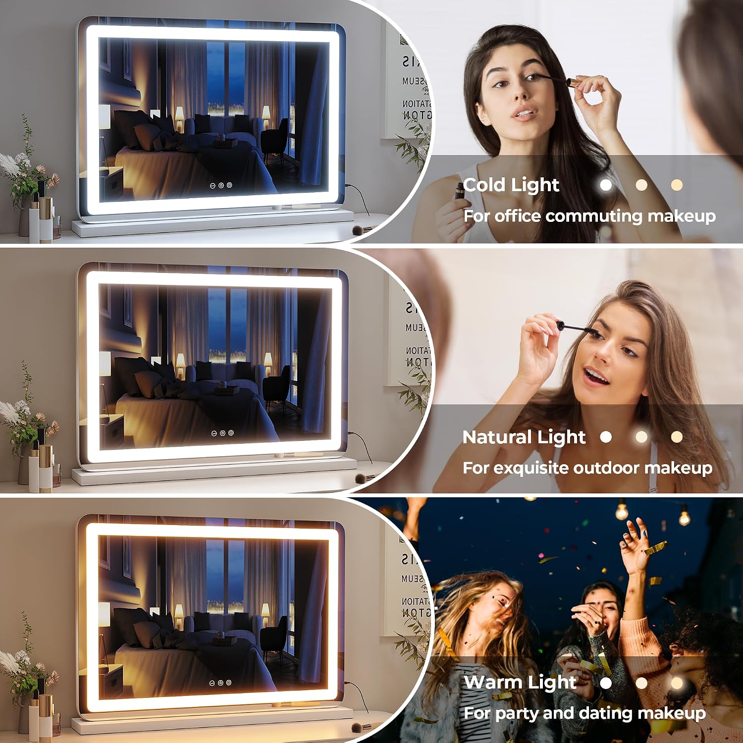 ZL ZELing Vanity Mirror with Lights, 32' x 23', LED Makeup Mirror, Dimmable 3-Color Lighting, 5X Magnification, Touch Screen Control, Wall-Mountable and Tabletop Design