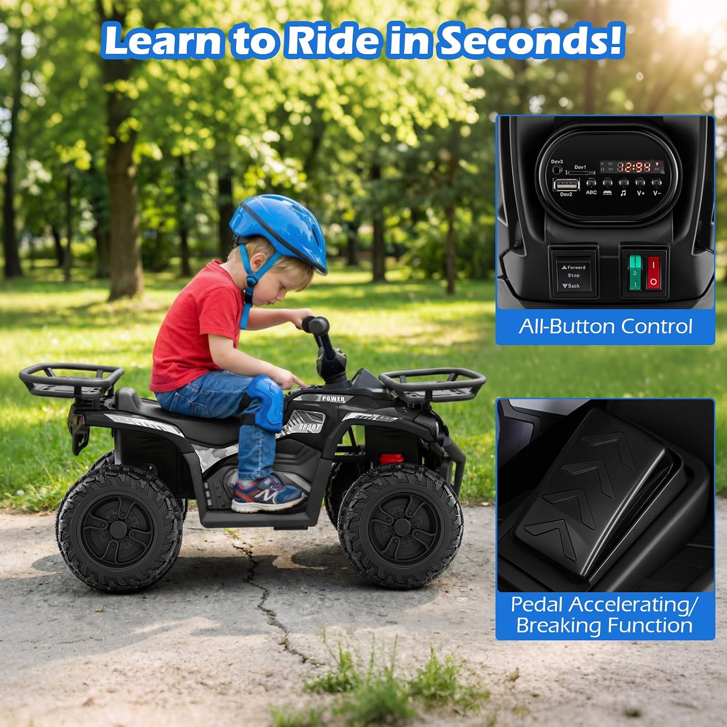 OLAKIDS 12V Kids ATV Quad with 2 Speeds, Spring Suspension, LED Lights, Music & Story Player, Big Tires, 2 Storage Spaces, Ride On Car for Boys Girls Ages 3+ (12V, Black)