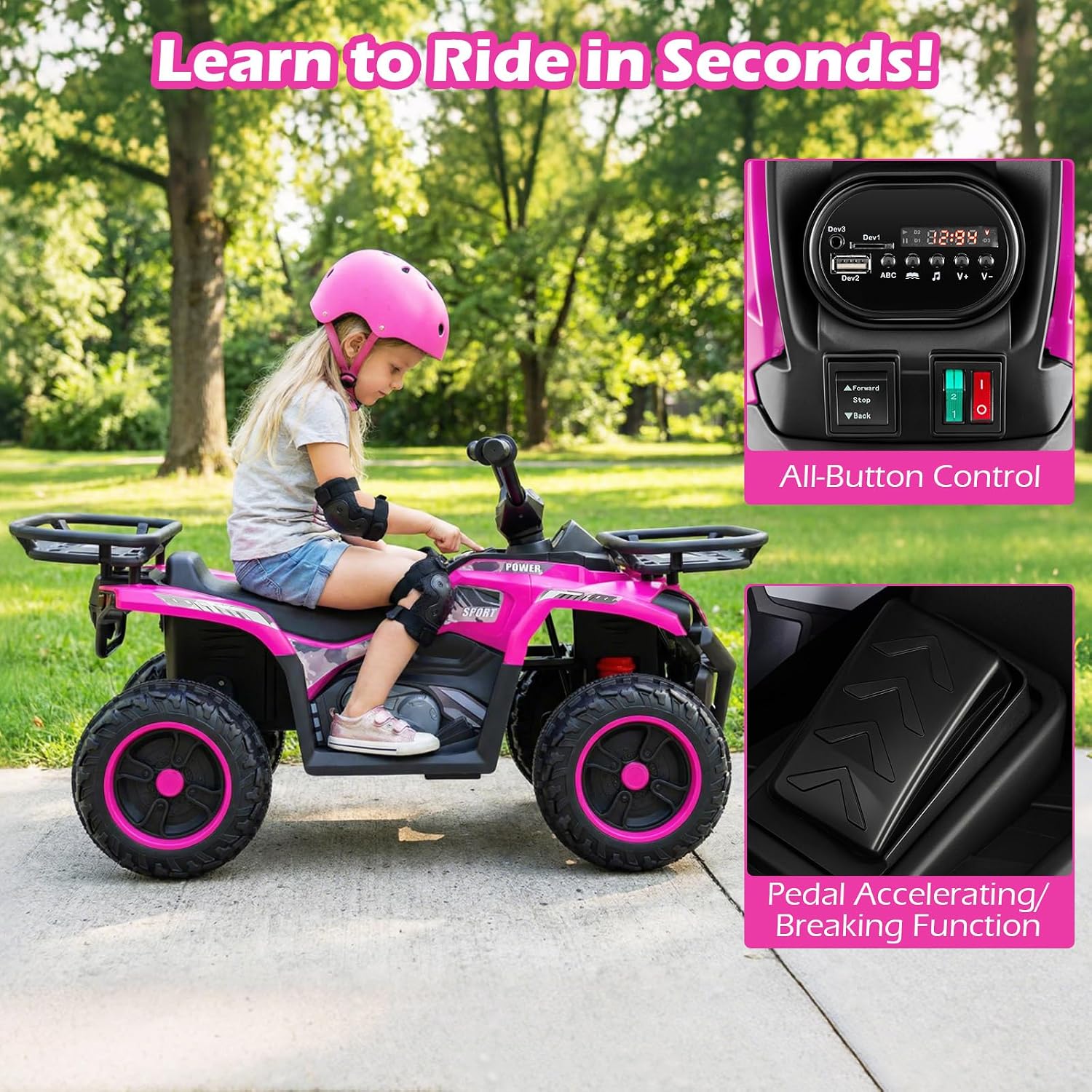 OLAKIDS 12V Kids ATV Quad with 2 Speeds, Spring Suspension, LED Lights, Music & Story Player, Big Tires, 2 Storage Spaces, Ride On Car for Boys Girls Ages 3+ (24V, Light Pink)