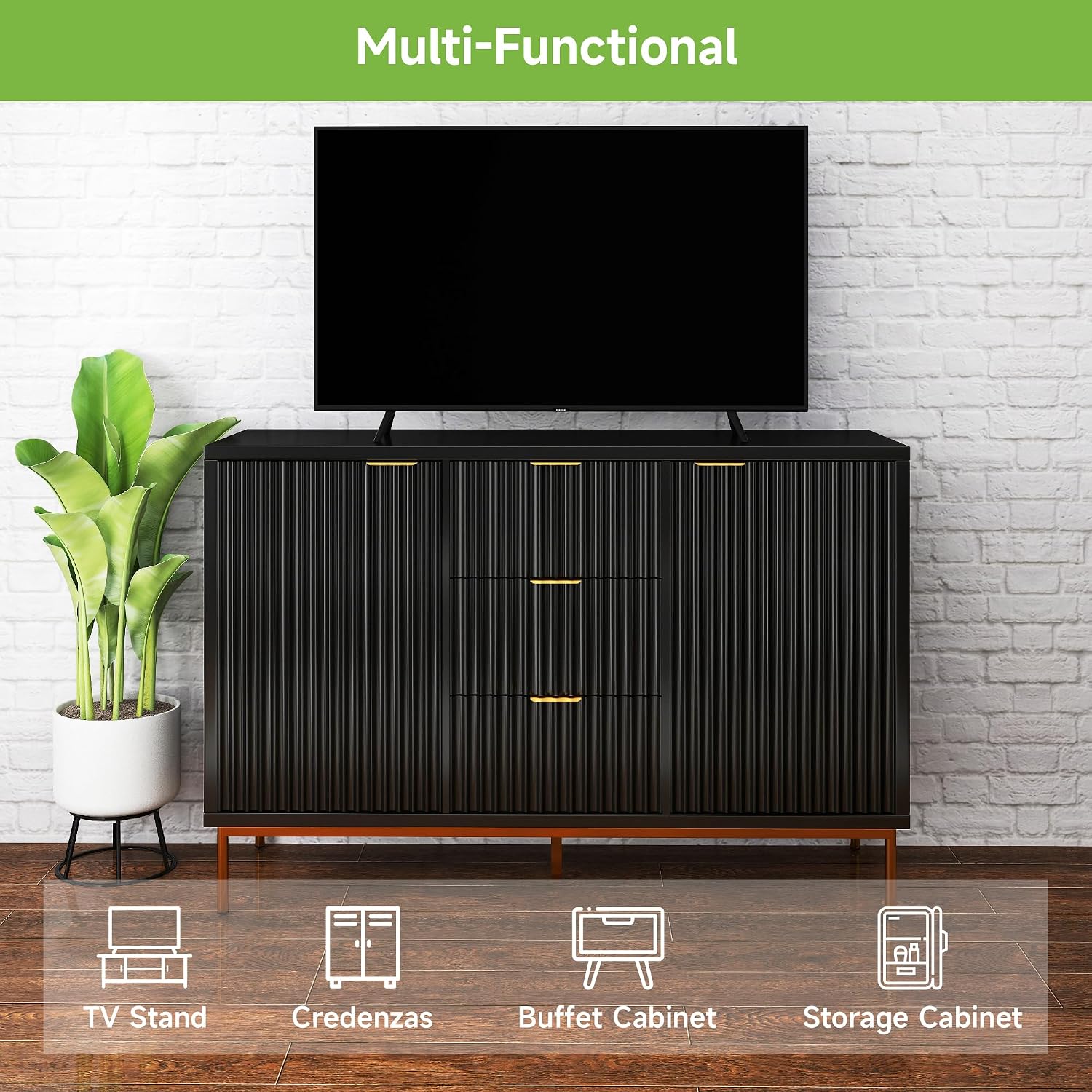 Real Relax Fluted Sideboard Cabinet, Modern Sideboard Buffet Cabinet with Storage, Coffee Bar Credenza Buffet Table with 2 Doors 3 Drawers for Kitchen, Living, Dining Room, Black