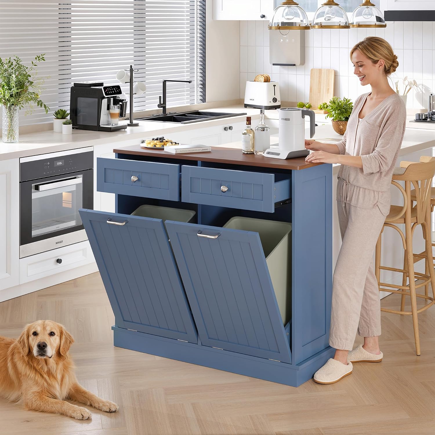 KIGOTY Double Tilt Out Trash Can Cabinet, 20 Gallon Hidden Trash Storage Cabinet with 2 Hideaway Drawers, Freestanding Trash Can for Kitchen, Wooden Laundry Hamper Cabinet, Pet Proof (Blue)
