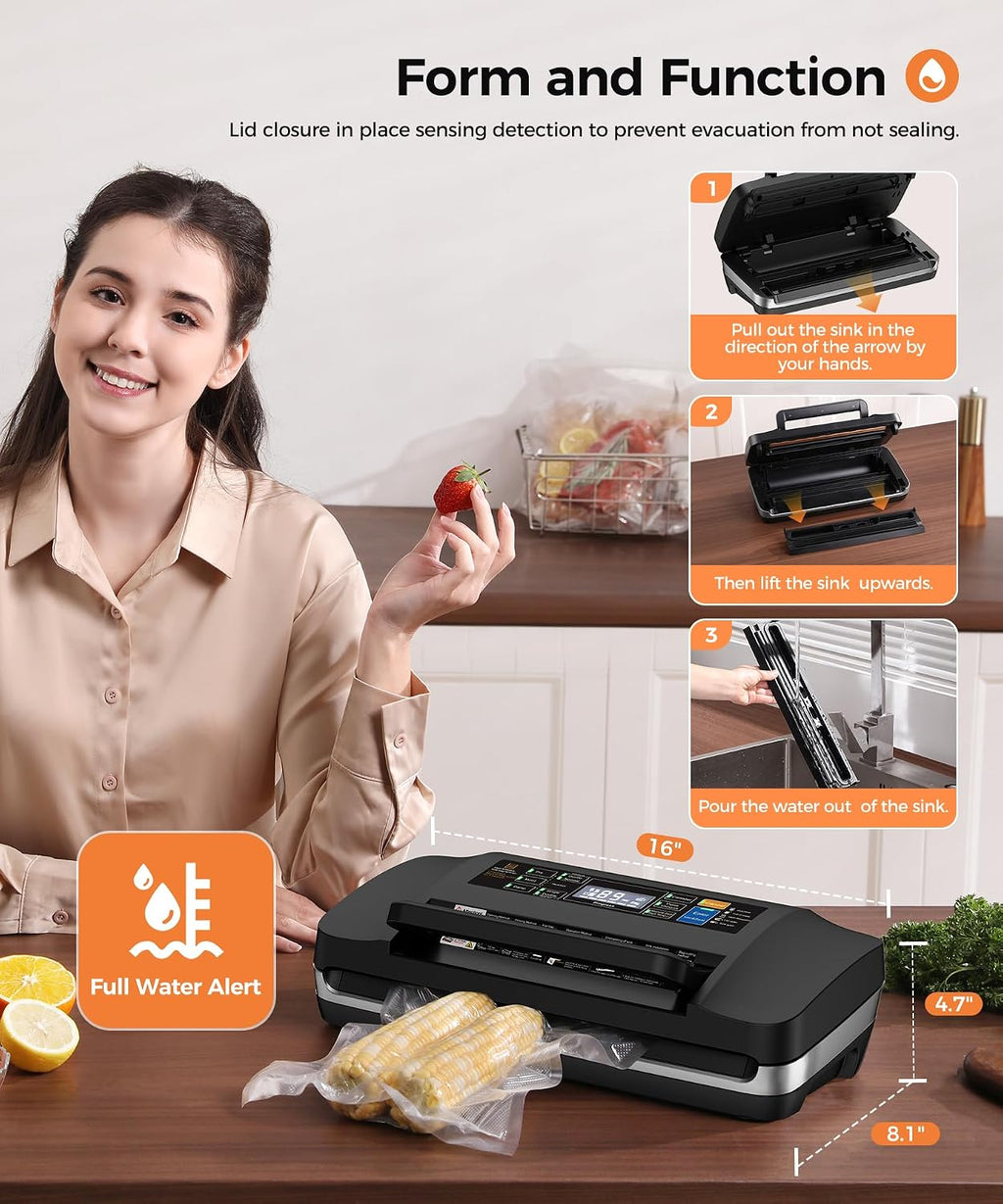 95kpa Vacuum Sealer Machine,Commercial Full Automatic Food Sealer,10-in-1 Sealing System with Double Heat Seal,Bags Storage, Easy-Lock Handle,Build-in Cutter,1 Bag Rolls and 10 pcs Pre-cut Bags