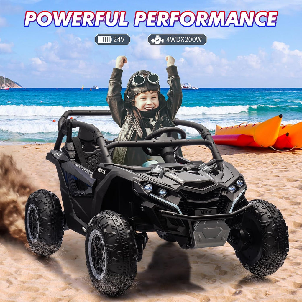 GarveeLife 24V Ride On Utv for Kids, 2 Seater 4WD Electric Truck with Remote Control, High and Low Speed Adjustment, Led Lights, 4-Wheel Shock Absorption, One Click Start, Music Player(Black)