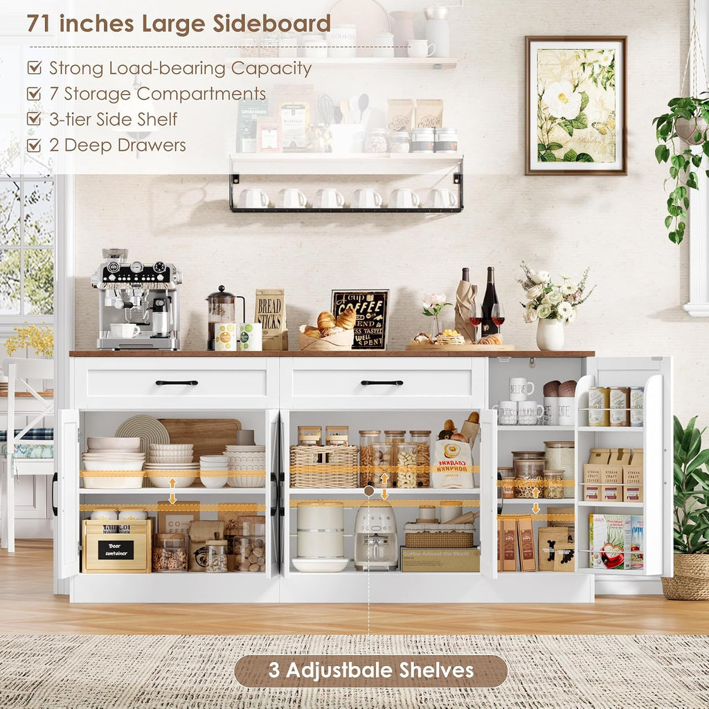 BOTLOG 71' Large Sideboard Buffet Cabinet with Storage, Farmhouse Buffet Cabinet with Adjustable Shelves and 3 Door Shelves, Wood Coffee Bar Console Table for Kitchen, Dining Room (White)