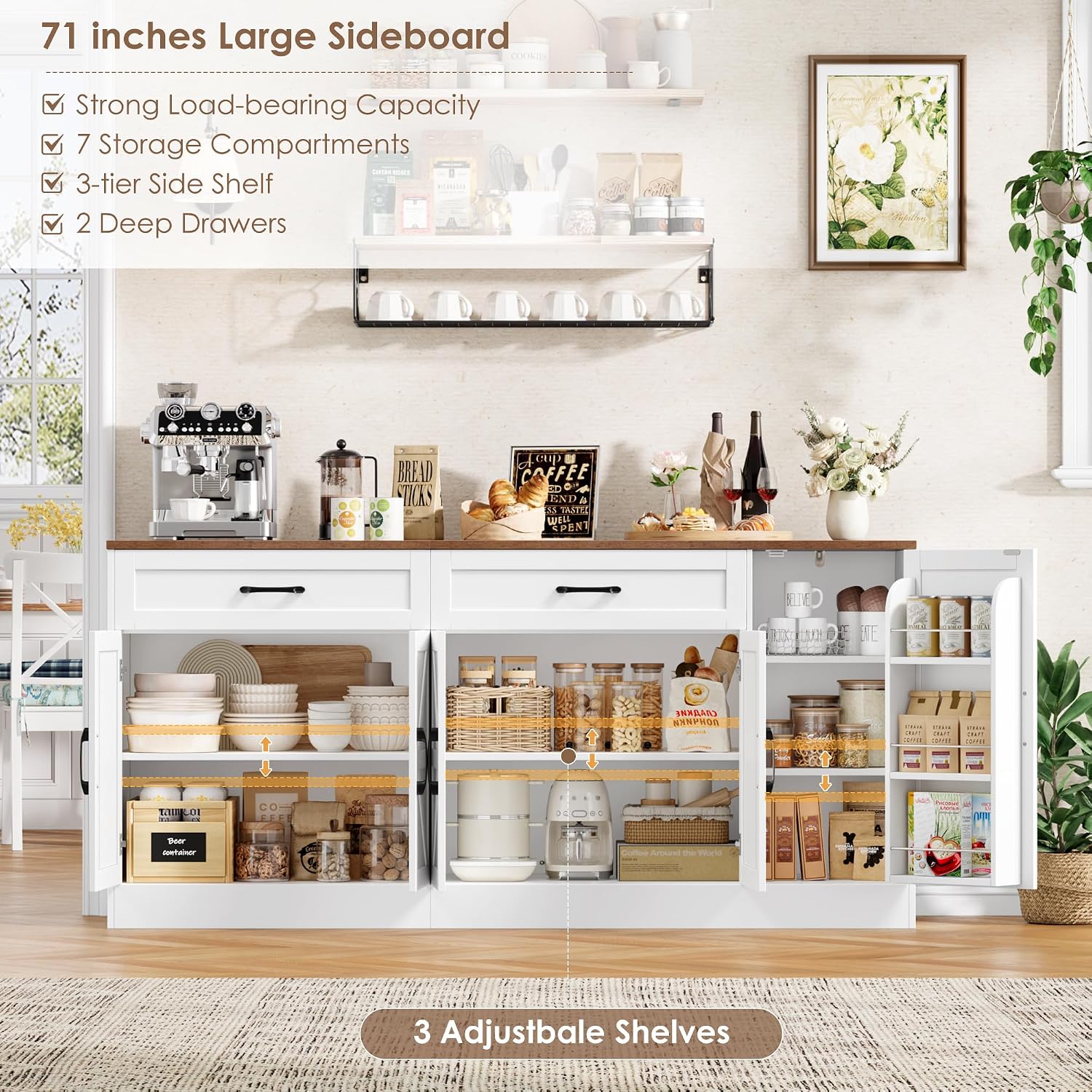 BOTLOG 71' Large Sideboard Buffet Cabinet with Storage, Farmhouse Buffet Cabinet with Adjustable Shelves and 3 Door Shelves, Wood Coffee Bar Console Table for Kitchen, Dining Room (White)