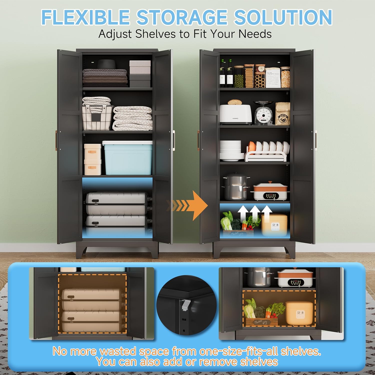 Pantry Cabinets for Kitchen,70.8' Tall Storage Cabinets,Metal Pantry Storage Cabinet with 2 Doors and 4 Adjustable Shelves for Kitchen/Black
