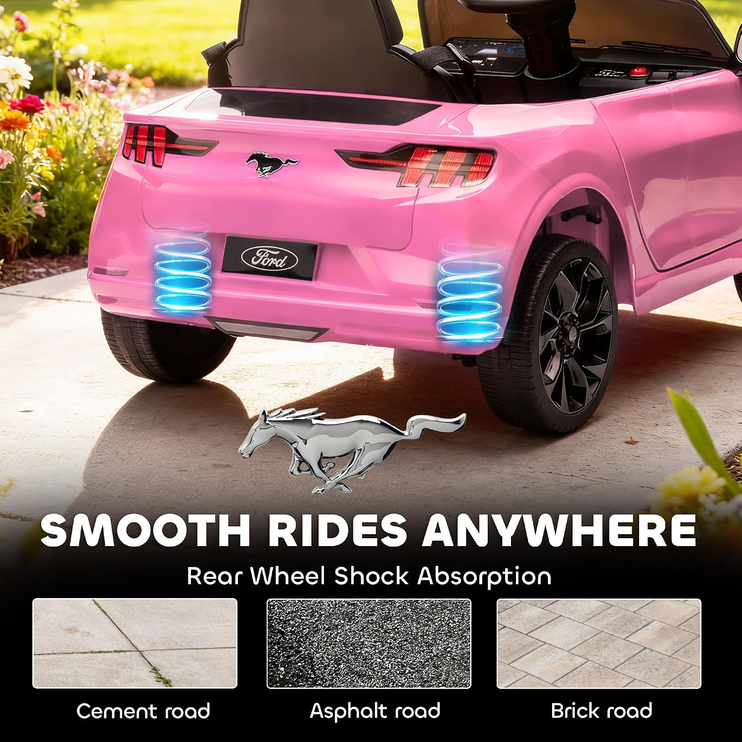 Qaba 12V Kids Ride On Car, Licensed Ford Mustang Mach-E Electric Car with Remote Control, 3 Speeds, LED Light, Music, Bluetooth, Suspension Wheels, Battery Powered Toy for Ages 3–5 Years, Pink