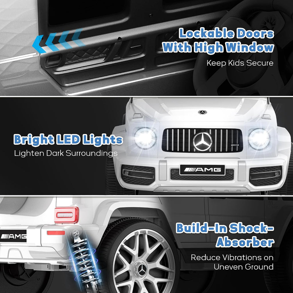 Licensed Mercedes Benz G63 Kids Electric Car, 12V G Wagon Ride on Car w/Safety High Window, Remote Control, 3 Speeds, Music Player, Horn & LED Lights for Toddlers (White)
