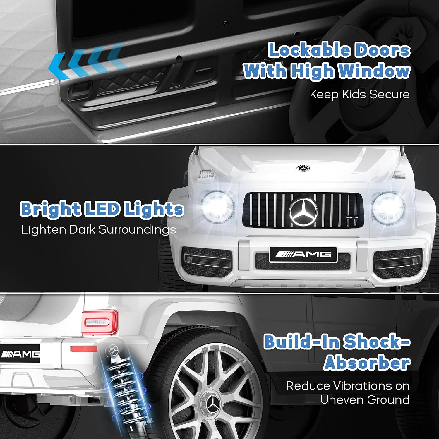 Licensed Mercedes Benz G63 Kids Electric Car, 12V G Wagon Ride on Car w/Safety High Window, Remote Control, 3 Speeds, Music Player, Horn & LED Lights for Toddlers (White)