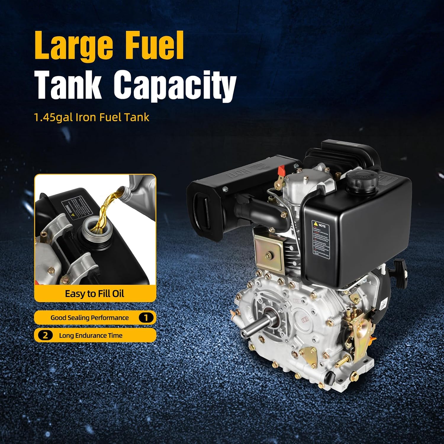 Diesel Engine, 4-Stroke 10hp 418cc Diesel Motor, 6.3kw 3600rpm Vertical Horizontal Shaft Diesel Tiller Motor, w/Recoil Manual Start&Air-Cooled, for Micro-tillers, Drainage, Irrigator, 186FA, Black