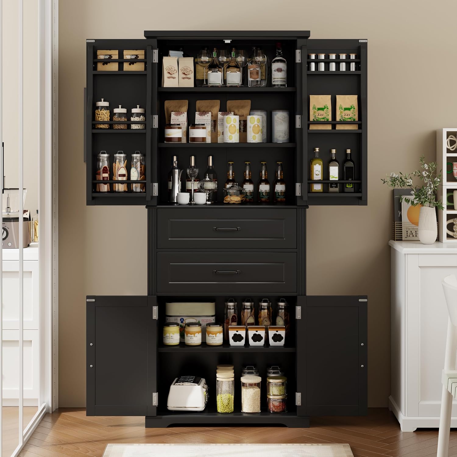 Storage Cabinet with 4 Doors and Drawers, 72.5' H Kitchen Cabinet with 6 Door Shelves, Kitchen Storage Cabinets with Adjustable Shelves for Living Room, Black