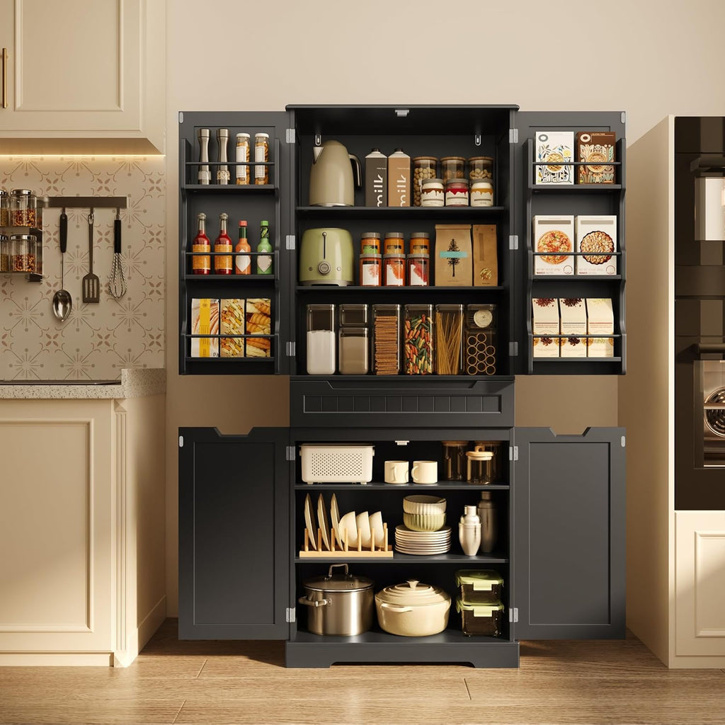 Gizoon 70' Tall Kitchen Pantry Cabinet with Doors and Adjustable Shelves, 5-Tier Multipurpose Pantry Storage Cabinet with Drawer Freestanding Organizer for Small Kitchen Bathroom Laundry Room, Black