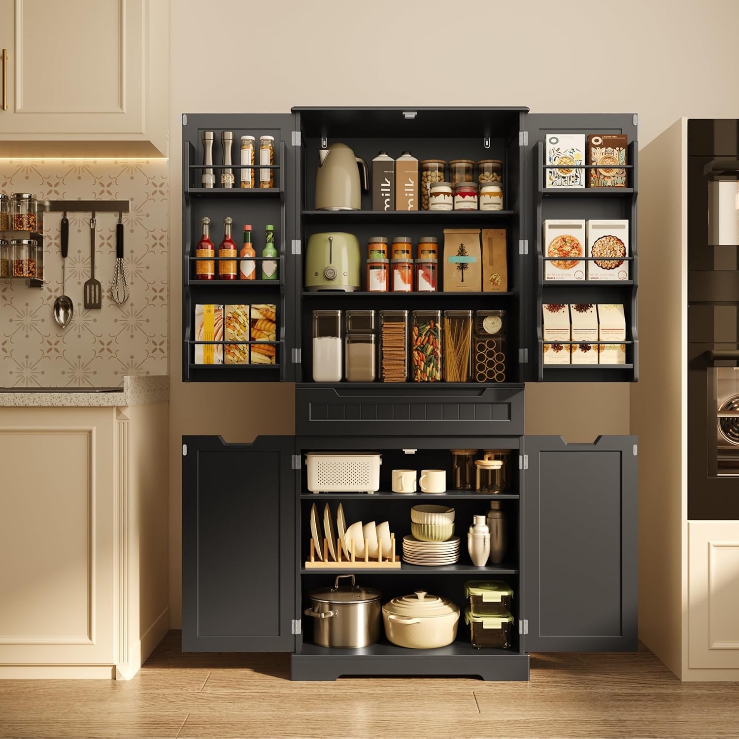 Gizoon 70' Tall Kitchen Pantry Cabinet with Doors and Adjustable Shelves, 5-Tier Multipurpose Pantry Storage Cabinet with Drawer Freestanding Organizer for Small Kitchen Bathroom Laundry Room, Black