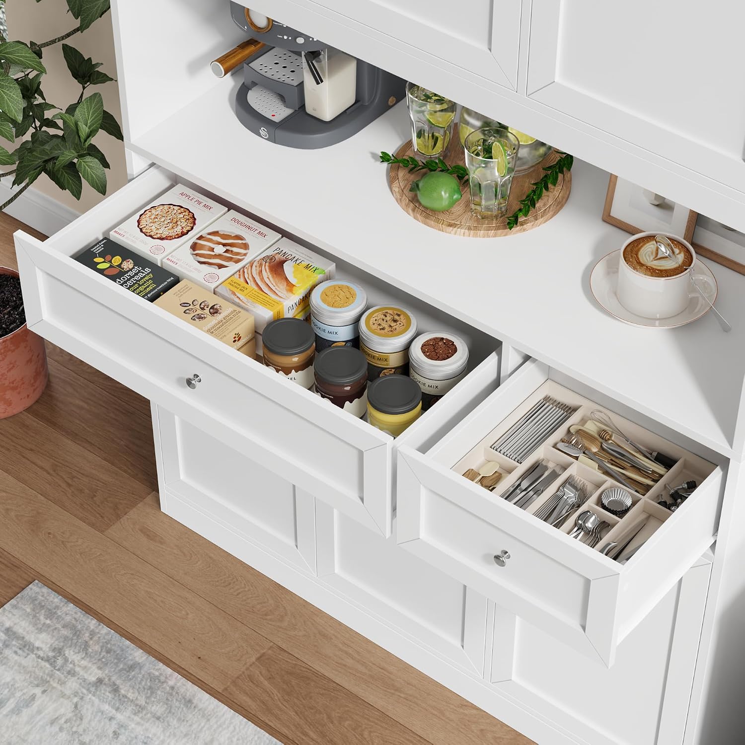 BOTLOG 2PCS Kitchen Cabinets, 71' Large Sideboard Buffet Cabinet with Storage, 72' Tall Pantry Cabinet with Microwave Stand, Wood Coffee Wine Bar Console Table for Kitchen, Dining Room, White