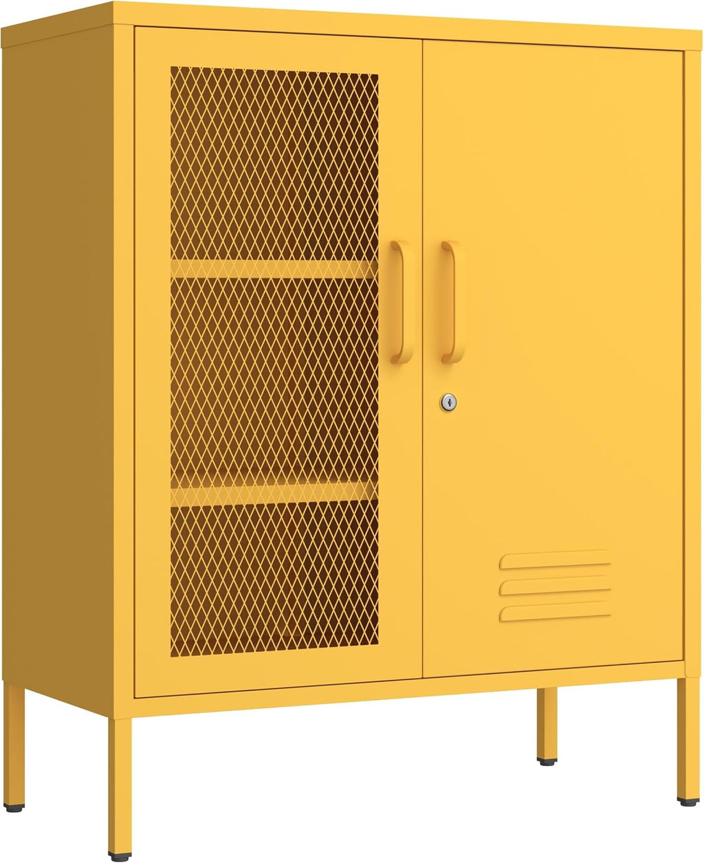 Yellow Metal Storage Cabinet with Lock 3-Tier Freestanding Locker Organizer with Mesh Ventilated Door Multipurpose Accent Cabinet Locker Adjustable legs For Hallway, Living Room, Entryway, Home Office