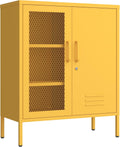 Yellow Metal Storage Cabinet with Lock 3-Tier Freestanding Locker Organizer with Mesh Ventilated Door Multipurpose Accent Cabinet Locker Adjustable legs For Hallway, Living Room, Entryway, Home Office