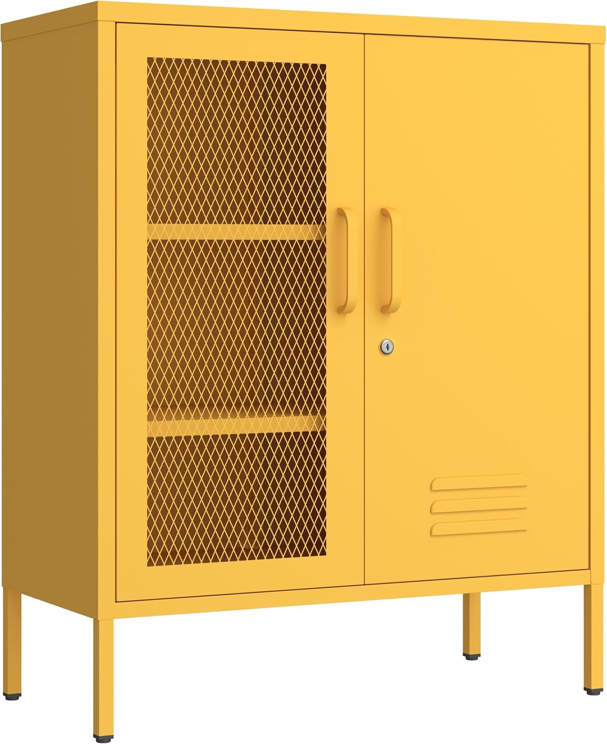Yellow Metal Storage Cabinet with Lock 3-Tier Freestanding Locker Organizer with Mesh Ventilated Door Multipurpose Accent Cabinet Locker Adjustable legs For Hallway, Living Room, Entryway, Home Office