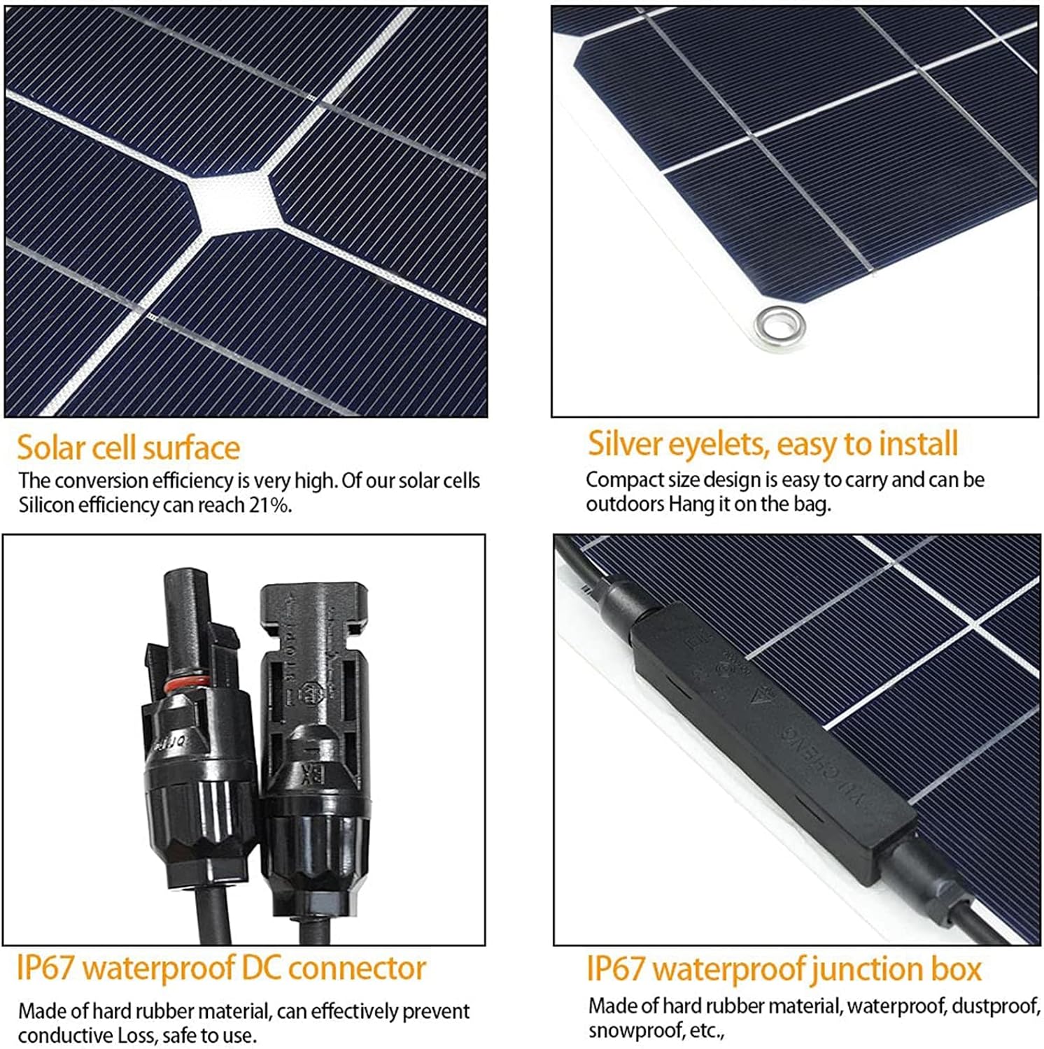 100W Portable Solar Panel, Flexible Monocrystalline Solar Charger, Photovoltaic Solar Panels Modules for RV,Boat,Tent, Camping, Travel, Garden