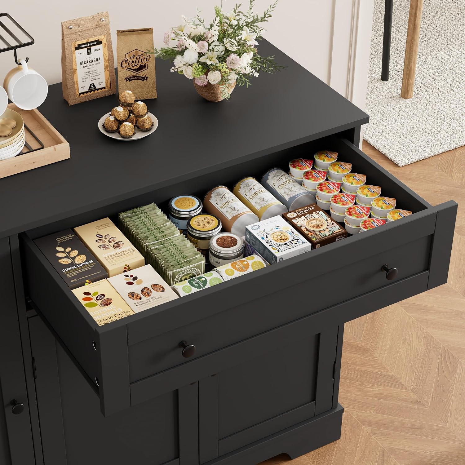 HOSTACK Buffet Cabinet with Storage, Modern Sideboard Buffet with Doors, Wood Coffee Bar Kitchen Storage Cabinet with Drawer and Adjustable Shelf for Kitchen, Dining Room, Living Room, Black