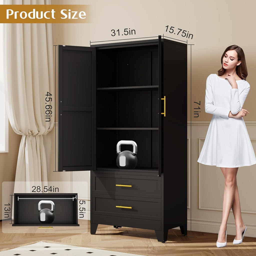 GAIOUS 71' Tall Metal Pantry Cabinet, Steel Storage Cabinets with 2 Drawers | 2 Adjustable Shelf and 2 Doors, Used as Kitchen cabinet, Freestanding Cupboard for Kitchen, Office, Living Room (Black)