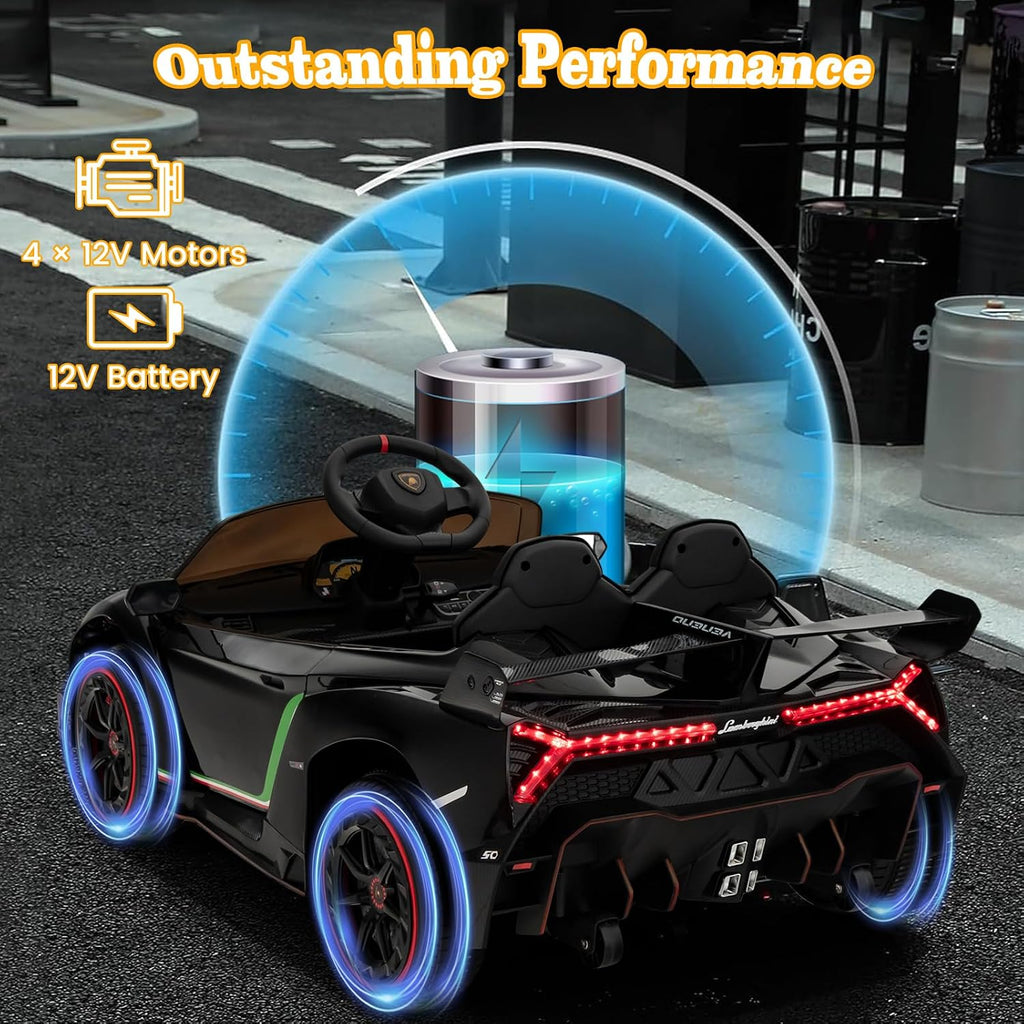 Costzon Ride on Car, Lamborghini Licensed 12V Battery Powered 4WD Sports Car with Remote Control, 3 Speeds, Hydraulic Doors, LED Lights, Towing Wheel, Horn, Music, Electric Vehicle for Kids Aged 3-8