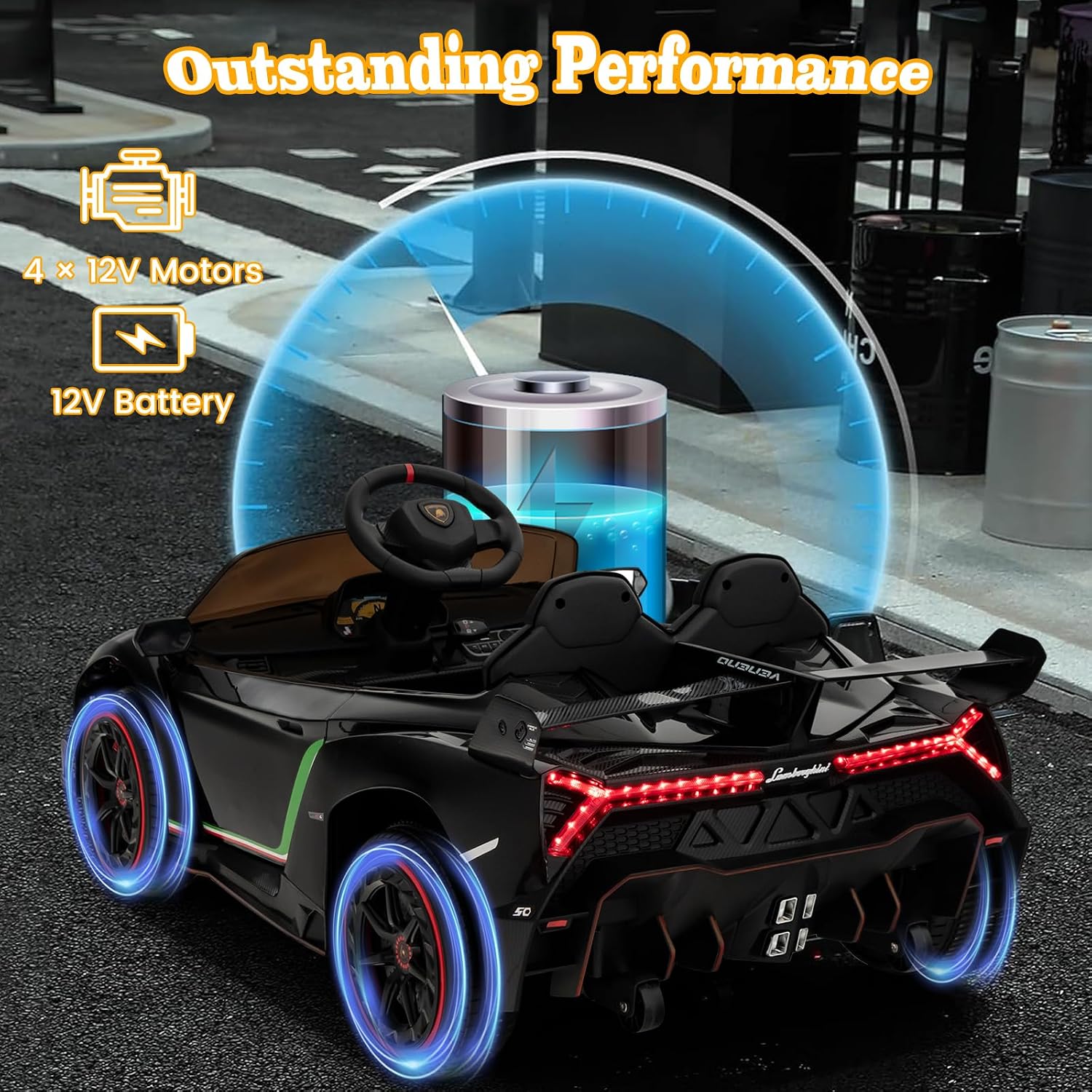 Costzon Ride on Car, Lamborghini Licensed 12V Battery Powered 4WD Sports Car with Remote Control, 3 Speeds, Hydraulic Doors, LED Lights, Towing Wheel, Horn, Music, Electric Vehicle for Kids Aged 3-8