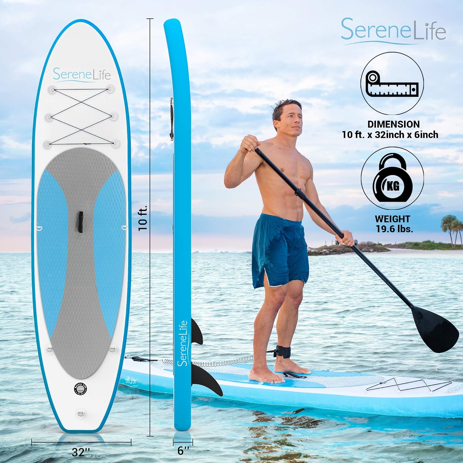 SereneLife Inflatable Stand Up Paddle Board - Wide Stable Design, Non-Slip Deck for Adults & Youth with Premium Paddle Board Accessories: Carry Bag, Dual Action Pump, Paddle, Ankle Leash - 10'