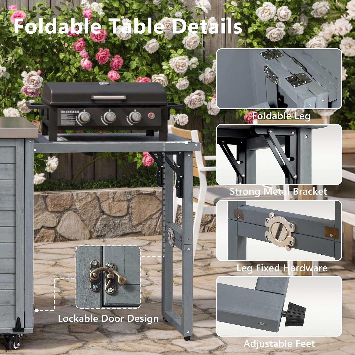 LUMISOL Outdoor Grill Cart with Stainless Steel Top, Movable Outdoor Kitchen Island with Foldable Grill Table, Rolling Kitchen Cart with Trash Can Storage, Outdoor Prep Table for Parties, Grey Blue