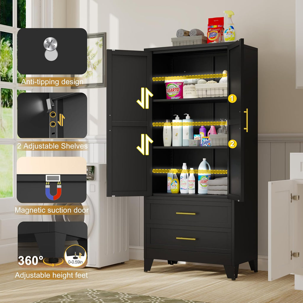 GAIOUS 71' Tall Metal Pantry Cabinet, Steel Storage Cabinets with 2 Drawers | 2 Adjustable Shelf and 2 Doors, Used as Kitchen cabinet, Freestanding Cupboard for Kitchen, Office, Living Room (Black)