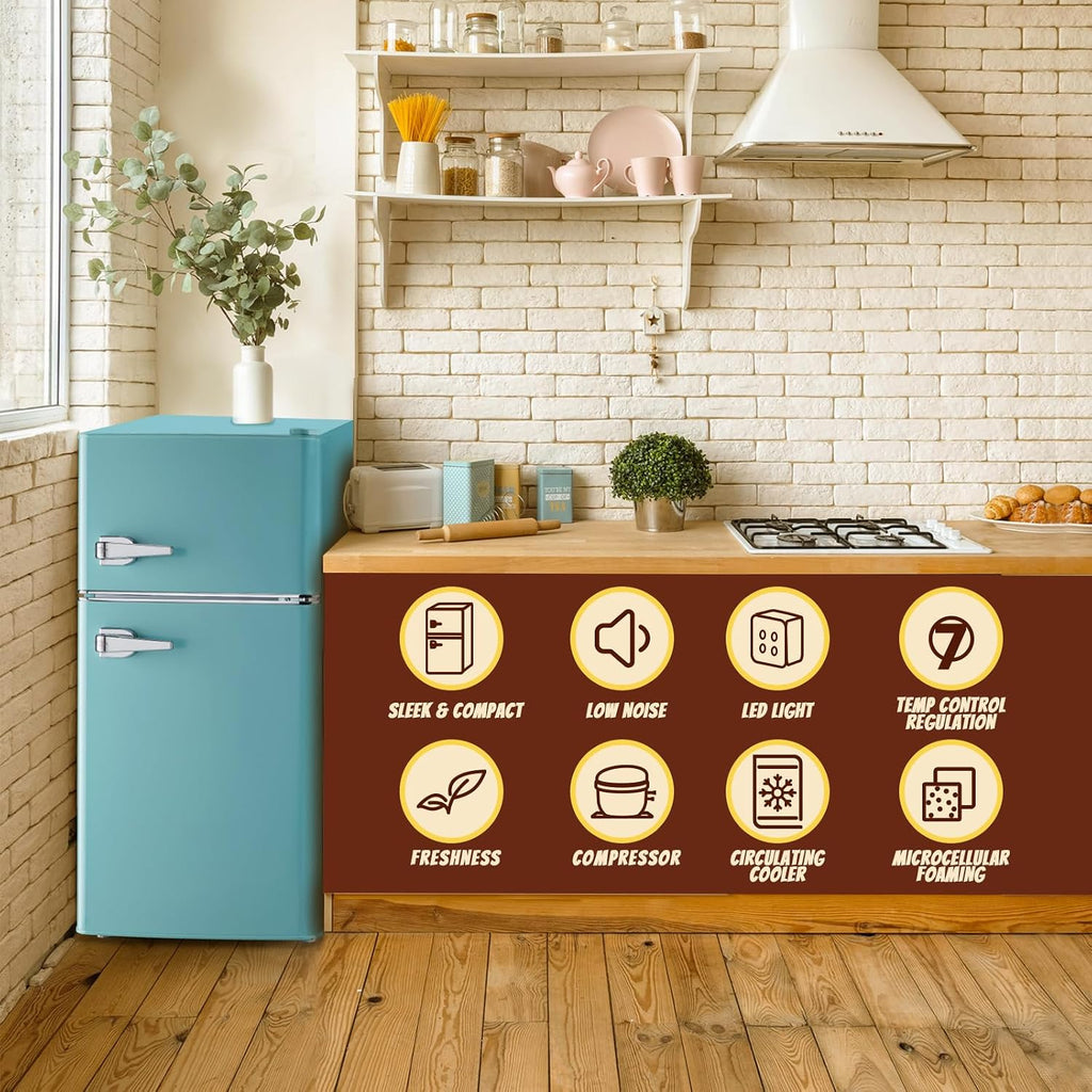 Small Fridge with Freezer Mini Refrigerator Double door Removable Glass Shelves 7 Temp Gear Detachable Handle Blue