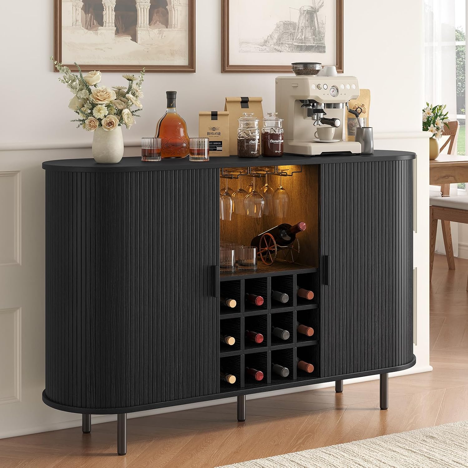 55 Inch Fluted Wine Bar Cabinet, Liquor Cabinet with LED Light, Coffee Bar Cabinets with Storage, Mid-Century Modern Sideboard Cabinet with Charge Station Wine Racks for Kithcen (Black)