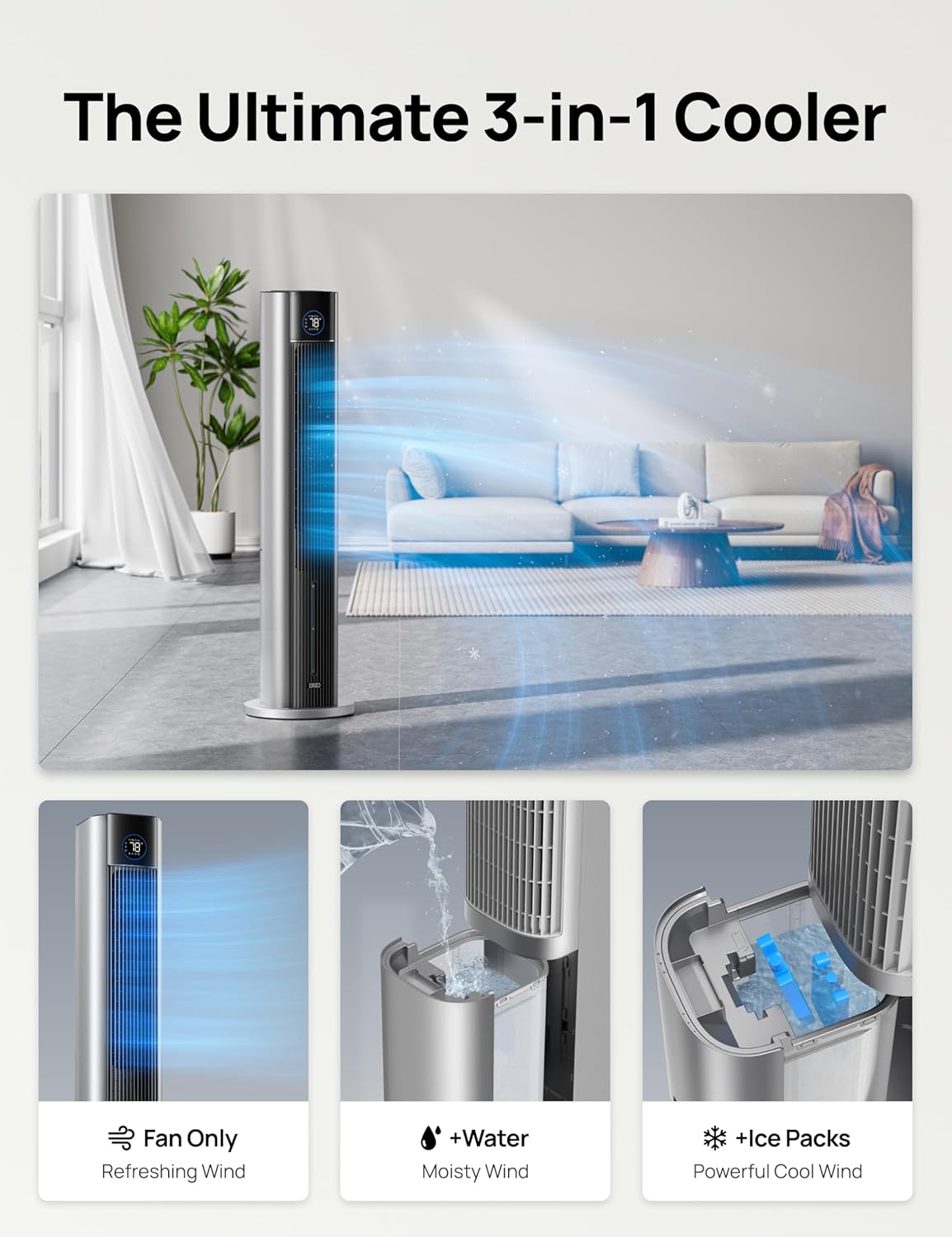 DREO Portable Air Conditiioner, 43' Cooling Fans That Blow Cold Air 2025 Upgraded, Evaporative Air Cooler, Quiet 85° Oscillating Fan, Easy Cleaning, APP Control, 4 Modes & 4 Speeds, 12H Timer, Silver
