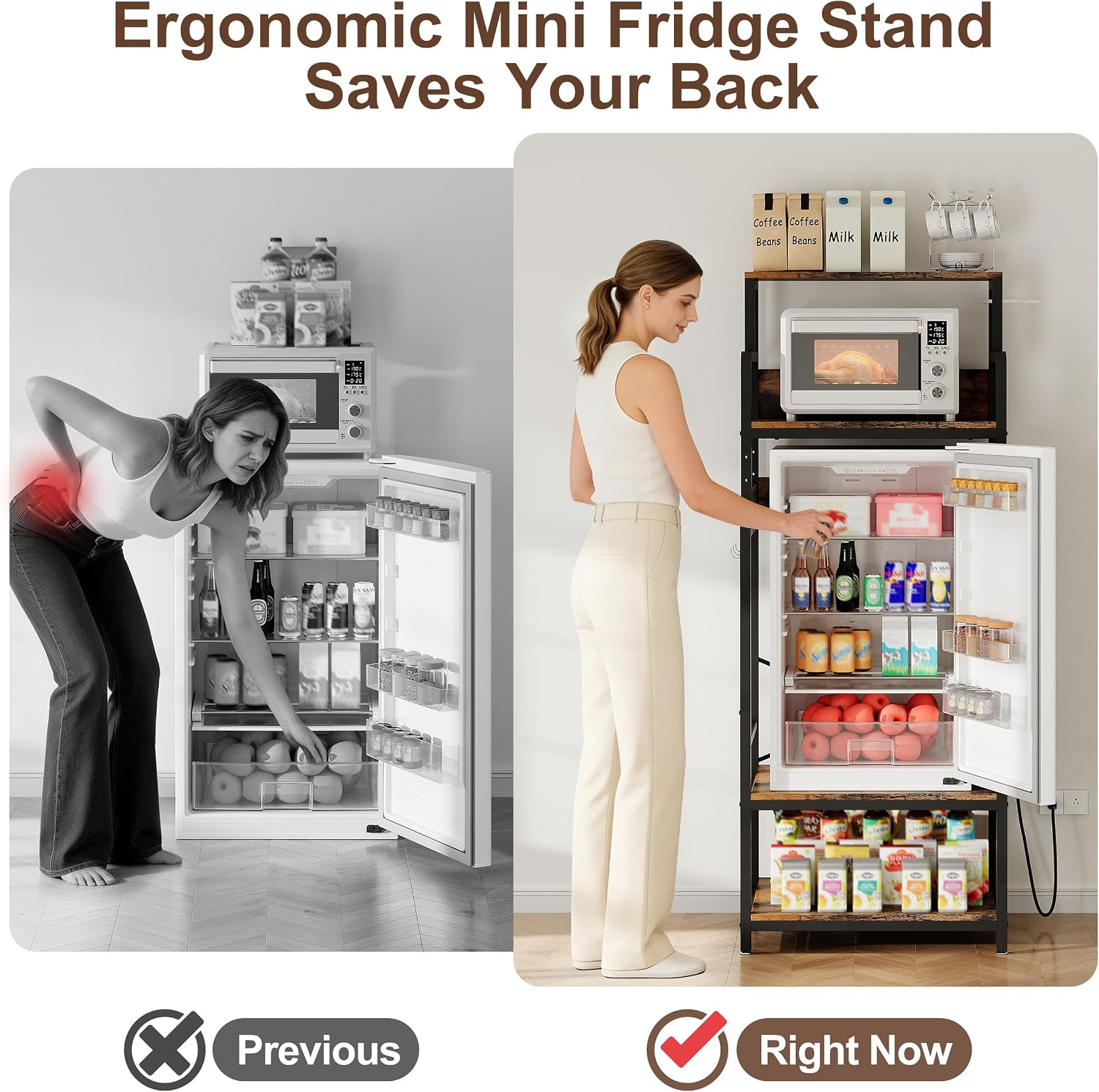 Mini Fridge Stand Microwave Combo Cabinet Station With Small Refrigerator Insert Storage Space, Shelf Organizer Unit For Dorm Room Coffee Bar To Sit, Big Table With Power Outlet To Go Over Fridge