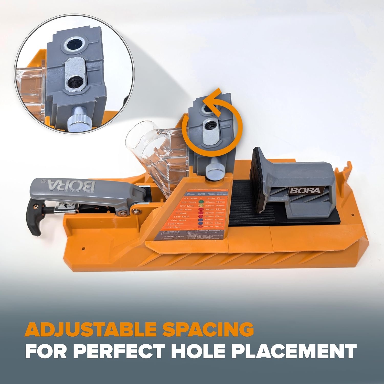 BORA Automatic Pocket Hole Jig with 3' Face Clamp and 50 Screws, Auto Adjusting Drill Guide, Pocket Hole Jig Kit for Woodworking - For Materials 1/2 inch to 1 1/2 inch Thick, Power Tool Accessory Jigs