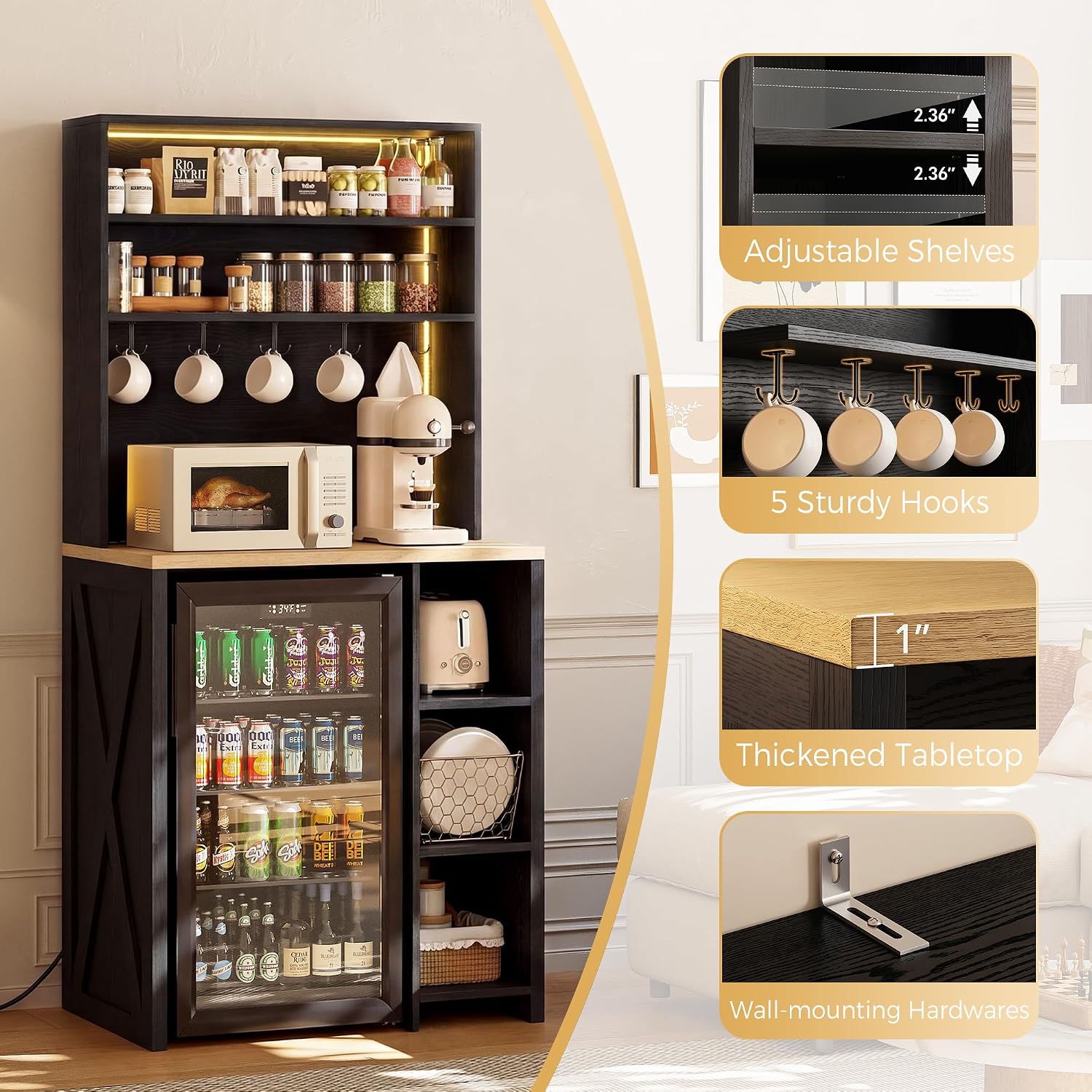IRONCK Bakers Rack with Mini Fridge Space & Power Outlets, 69.3' Coffee Bar Station with LED Lights, 7-Tier Kitchen Microwave Stand with Hooks & Wooden Backboard, Space-Saving Utility Organizer, Black